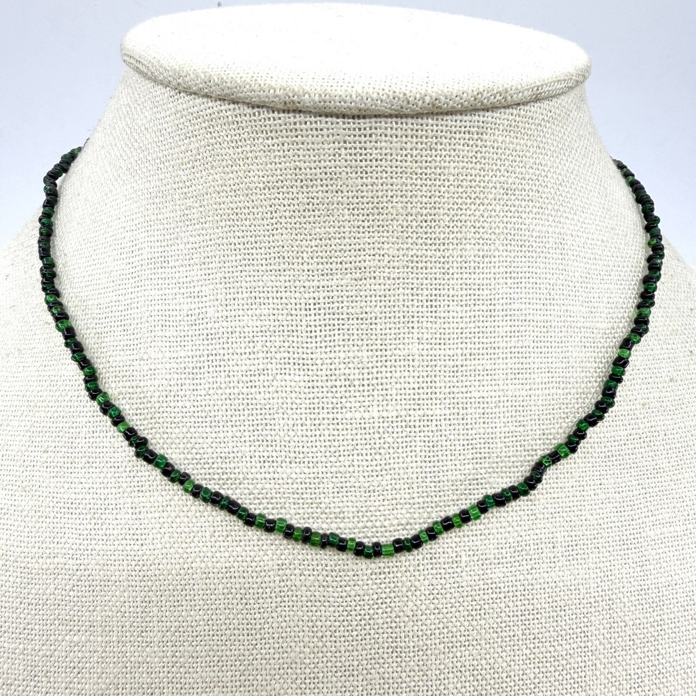 Green and Black Beaded Seed Bead Necklace Boho Stacker Minimalist Choker Gift
